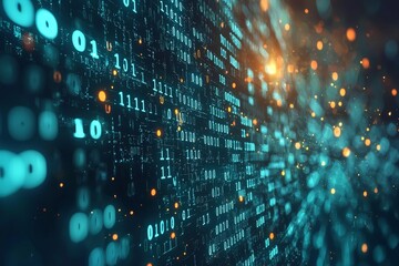 Poster - A futuristic digital data stream cascading with green binary code