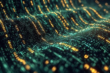 Poster - Futuristic digital data streams with binary code in a captivating green light pattern