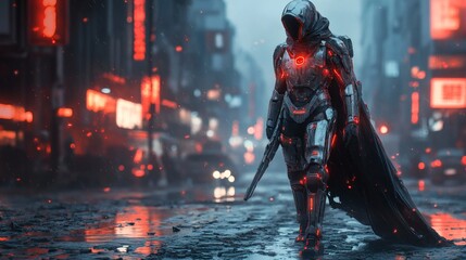 Poster - Character in chrome futuristic armor complete with a long sword and black neon flames on boots standing defiantly on cracked black asphalt in a burning futuristic city