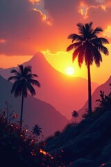 Wall Mural - Golden sunrise illuminates silhouetted palm trees against majestic mountain peaks , environment, photograph