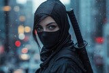 A masked female ninja with a sword on her back watches the street one evening on the roof of a historic building on a busy street in the city.