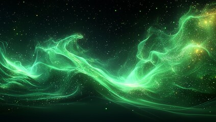 Poster - A green futuristic 3D wave background with dynamic rendering, illustrating abstract datum innovation, sound, business digital music, and dot texture