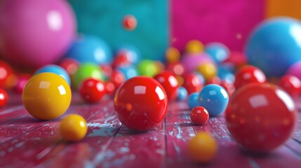 Wall Mural - Colorful balls of various sizes are scattered on a wooden surface. The balls are in a variety of colors, including red, blue, green, yellow, and pink.