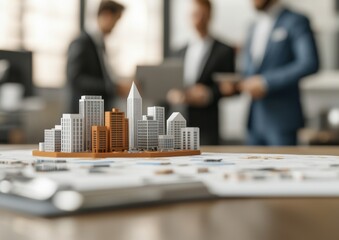 Poster - A miniature city model is prominently displayed on a table, with business professionals discussing in the background, signifying urban development and planning.
