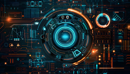 Poster - Futuristic digital interface featuring intricate circular patterns and glowing elements, showcasing technology