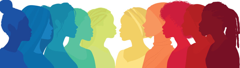 Wall Mural - Communication group of multicultural women. face silhouette profile. Female social network community of diverse culture. Equality - Inclusion - Empowerment Colleagues. Rainbow colors