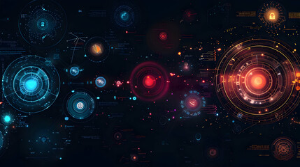 Poster - Abstract digital interface with glowing data points and security icons in a futuristic setting