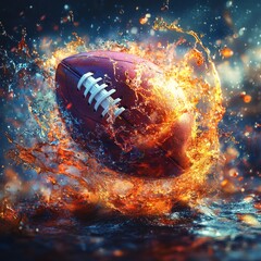 Fototapete - Highresolution 3D image of a football surrounded by swirling multicolored liquid paint splashes with a dark background enhancing the vibrant details and soft light