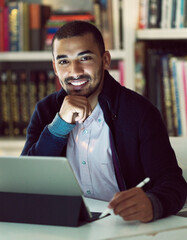 Poster - Tablet, portrait and creative business man in office for research, publication and book author with pen for story. Technology, happy face and writer in startup with confidence for project in Mexico