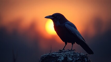 Silhouetted raven perched on a rock against a vibrant sunset with blurred trees behind