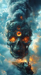 Poster - locomotive train morphed into a terrifying skull with elaborate features like gears and smoke pourin