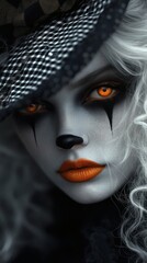 Poster - Portrait of a haunting girl clown her white curls cascading beneath a widebrimmed checkered hat Black face paint and orange lipstick make her eerie set against a moody dark grey background