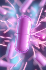 Poster - A vivid pill stands at the center of an explosion of neon energy lines and geometric patterns, radiating a captivating and bold effect that draws attention and sparks curiosity
