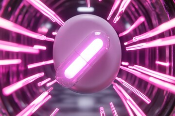 Poster - A pill hovers in the center amidst a vibrant explosion of neon energy lines and geometric shapes, radiating a sense of movement and energy in a captivating visual display