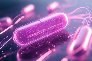 Poster - A pill sits at the center of an abstract explosion of neon lines and glowing particles, surrounded by energetic geometric patterns, illustrating a lively and bold concept