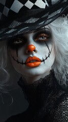 Poster - Portrait of a haunting girl clown her white curls cascading beneath a widebrimmed checkered hat Black face paint and orange lipstick make her eerie set against a moody dark grey background