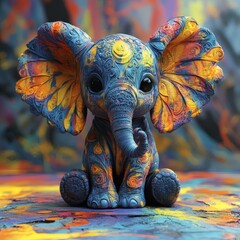 Poster - Small elephant with exaggerated large ears made of intricate fractal patterns sitting on a vibrant color floor with splashes of blue and yellow paint against a psychedelic vortex