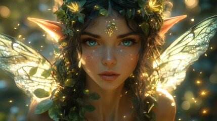 Poster - A hyperrealistic enchanted forest a beautiful halfelf halfpixie character with elongated pointed ears and vibrant wings surrounded by twinkling fireflies wearing a gown of leaves and vines