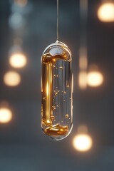 Poster - A pill floats effortlessly, dripping liquid gold that sparkles with hints of light. The surrounding soft glow enhances the sense of transformation and allure, evoking feelings of richness