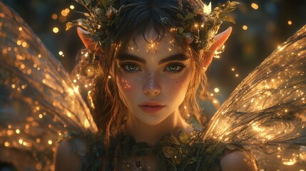 Poster - A hyperrealistic enchanted forest a beautiful halfelf halfpixie character with elongated pointed ears and vibrant wings surrounded by twinkling fireflies wearing a gown of leaves and vines