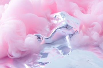 Poster - A polished chrome surface is beautifully overlaid with swirling pink neon smoke, producing a dreamy and ethereal ambiance that captivates the senses