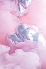 Poster - A polished chrome surface reflects gentle swirls of pink neon-infused smoke, creating a tranquil and dreamy atmosphere, inviting viewers into a serene and whimsical realm