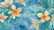 © Berkah - Tropical Flowers and Lush Green Leaves on a Blue Background
