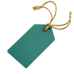 Aufkleber - A blank teal gift tag with a rustic rope tied around it, isolated against a black background.