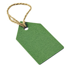 Poster - A single green blank tag with a hole and a looped twine string is shown against a black background.