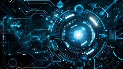 Poster - Futuristic digital interface showcasing glowing circuits and a central light source in a tech environment