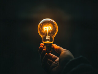 Poster - hand holding a glowing lightbulb against a black background symbolizes intersection of creativity and technology, representing futuristic concepts of digital knowledge, education