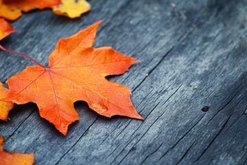 Aufkleber - Vivid orange maple leaves resting on a rustic wooden surface create a warm autumn atmosphere in a serene setting. Generative AI