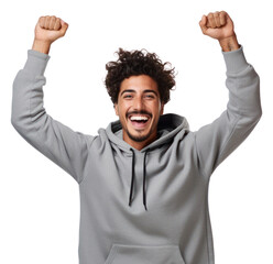 PNG Young latin man in sweatshirt with his arm stretching up over his back head laughing shouting happy.