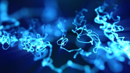 Poster - Bright blue glowing light trails swirling and flowing dynamically in a dark, futuristic design backdrop, video in high quality 4k, motion design