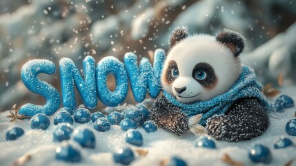Poster - Magical winter setting iceblue letters SNOW covered frosty blueberries icicles and pearls A panda in a cozy scarf lies peacefully on the letters snowfilled background