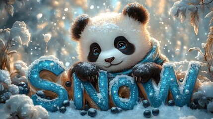 Poster - Magical winter setting iceblue letters SNOW covered frosty blueberries icicles and pearls A panda in a cozy scarf lies peacefully on the letters snowfilled background