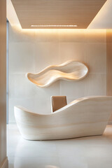Poster - Welcoming reception area showcases a stylish desk paired with a unique art piece, blending soft reflections, glossy surfaces, and warm lighting for a sophisticated ambiance