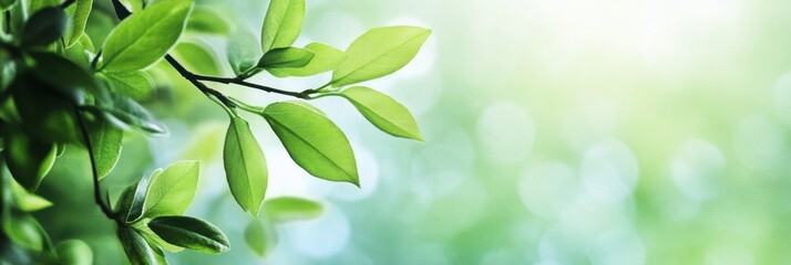 Fototapete - Lush green leaves illuminated by soft sunlight creating a tranquil atmosphere in a natural setting. Generative AI