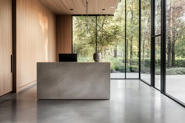 Poster - Bright reception area showcases large glass walls that connect the interior to a lush garden. Natural stone flooring and a wood-paneled desk create a welcoming atmosphere