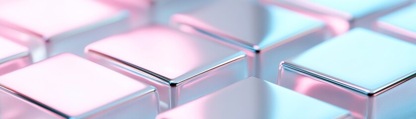 Poster - A smooth chrome surface glimmers under soft pink neon lights, showcasing a faint grid pattern. The design exudes a modern ambiance with ample space for bold text or graphic overlays