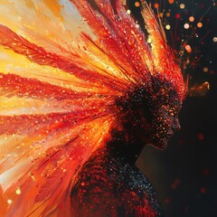 Poster - Neonlit backdrop Schlierenstyle night vision portrait of a metallic angel in bright red yellow and black Feathers reveal intricate redwhite patterns creating an ethereal otherworldly atmosphere