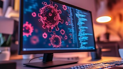 Malware alert displayed on computer monitor highlighting digital threat in a home office setting