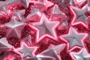 Poster - A scattered arrangement of glowing red neon stars illuminates the background, enhancing an entertainment-focused aesthetic while leaving space for striking text