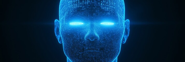 Poster - Artificial Intelligence. Abstract Glowing Blue Head with Binary Code Stream on Dark Background