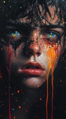 Poster - Painting ultrarealistic style of a boy in closeup ripping herself apart symbolizing separation multicolored tears falling on her face set against a black background with red splashes