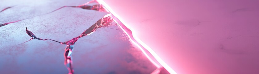 Poster - Illuminated by vibrant pink neon light, a shattered chrome surface reveals striking cracks, creating a dramatic ambiance ideal for impactful text integration and artistic expression