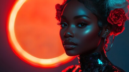 Fototapete - Photorealistic African cyborg girl sleek white hair floral buns mercury bodysuit large abstract sterling silver circle behind her glowing turquoise mint backdrop body glitter and overlay effects
