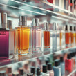 © kampolsuk - Elegant display of various perfume bottles on shelf, showcasing vibrant colors and sleek designs. arrangement highlights beauty of fragrances in cosmetic setting