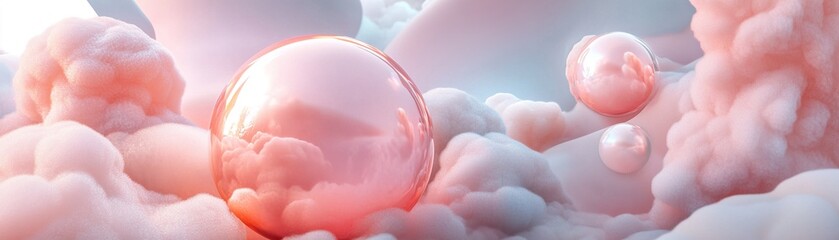 Poster - Soft clouds and luminous orbs blend in gentle pastel hues, forming a serene and dreamlike visual that invites tranquility and fosters a calming ambiance for contemplation