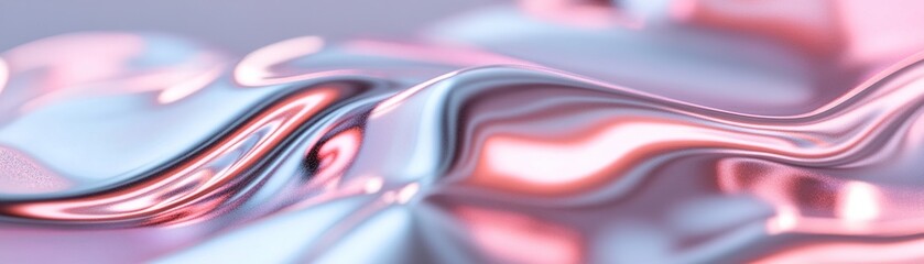 Poster - The composition features an abstract liquid chrome texture with smooth flowing metallic ripples, enhanced by glowing pink neon light streaks for a striking, surreal appearance
